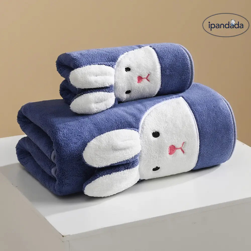 ID603 親子用 フリース タオル うさぎ 刺繍 カートゥーン 吸水 洗顔 バスタオル 厚手 家庭用 ブルー / 35*75cm グッズ＞タオル