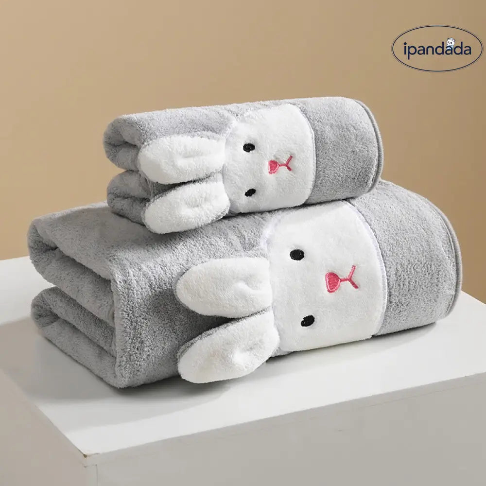 ID603 親子用 フリース タオル うさぎ 刺繍 カートゥーン 吸水 洗顔 バスタオル 厚手 家庭用 グレー / 35*75cm グッズ＞タオル