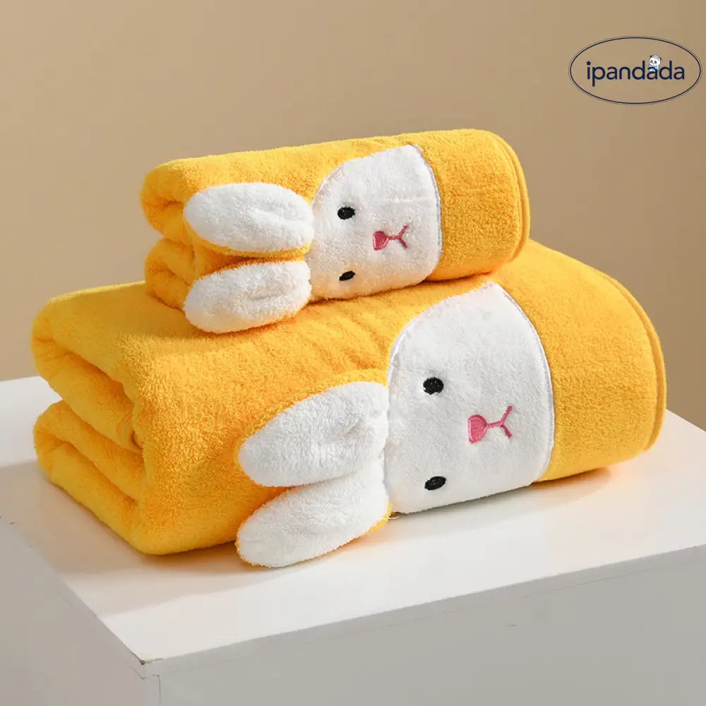ID603 親子用 フリース タオル うさぎ 刺繍 カートゥーン 吸水 洗顔 バスタオル 厚手 家庭用 イエロー / 35*75cm グッズ＞タオル