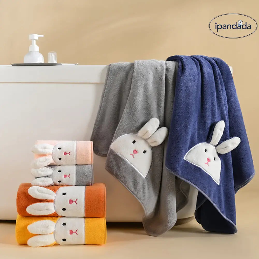 ID603 親子用 フリース タオル うさぎ 刺繍 カートゥーン 吸水 洗顔 バスタオル 厚手 家庭用 グッズ＞タオル