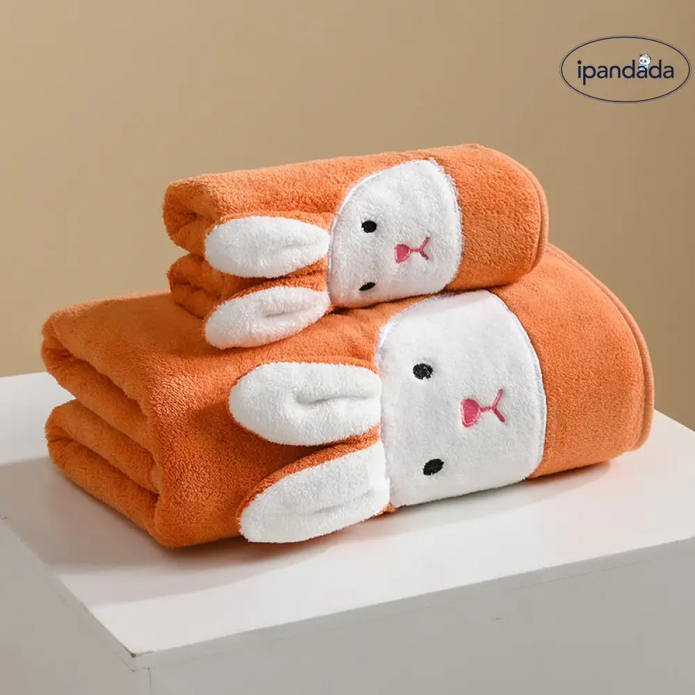 ID603 親子用 フリース タオル うさぎ 刺繍 カートゥーン 吸水 洗顔 バスタオル 厚手 家庭用 オレンジ / 35*75cm グッズ＞タオル