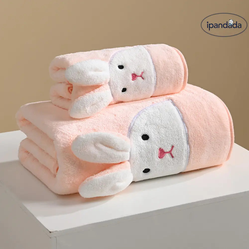 ID603 親子用 フリース タオル うさぎ 刺繍 カートゥーン 吸水 洗顔 バスタオル 厚手 家庭用 ピンク / 35*75cm グッズ＞タオル