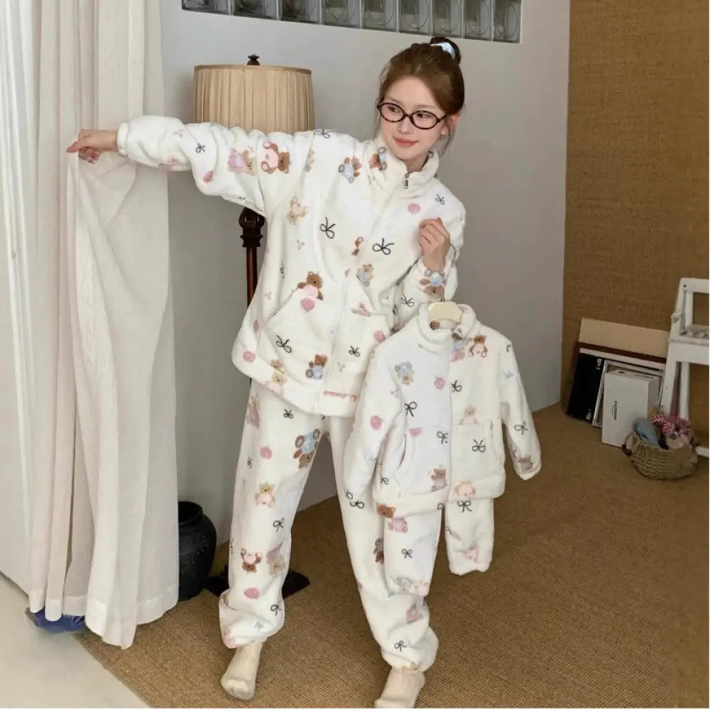 親子 長袖 パンツ 2点セット パジャマ レディース カートゥーン ルームウェア ID3438 タイプ④ / 90cm