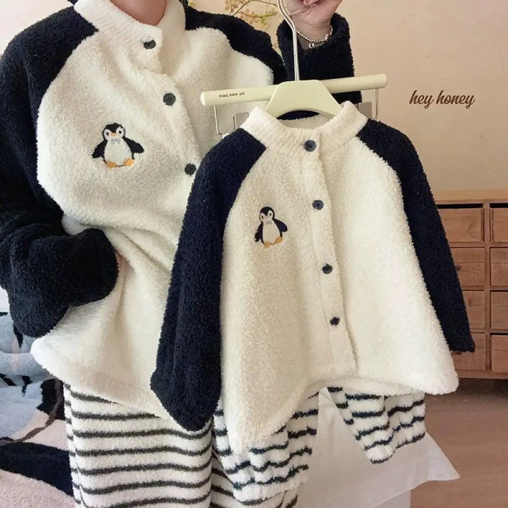 親子セット 秋冬 男女 子供用 フリース カーディガン パジャマ もこもこ 冬用 部屋着 可愛い ID3393 ブラック / 90cm