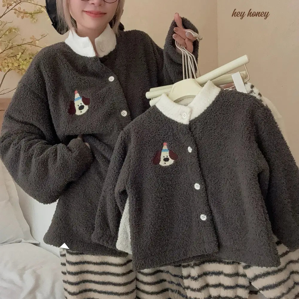 親子セット 秋冬 男女 子供用 フリース カーディガン パジャマ もこもこ 冬用 部屋着 可愛い ID3393 ダークグレー / 90cm