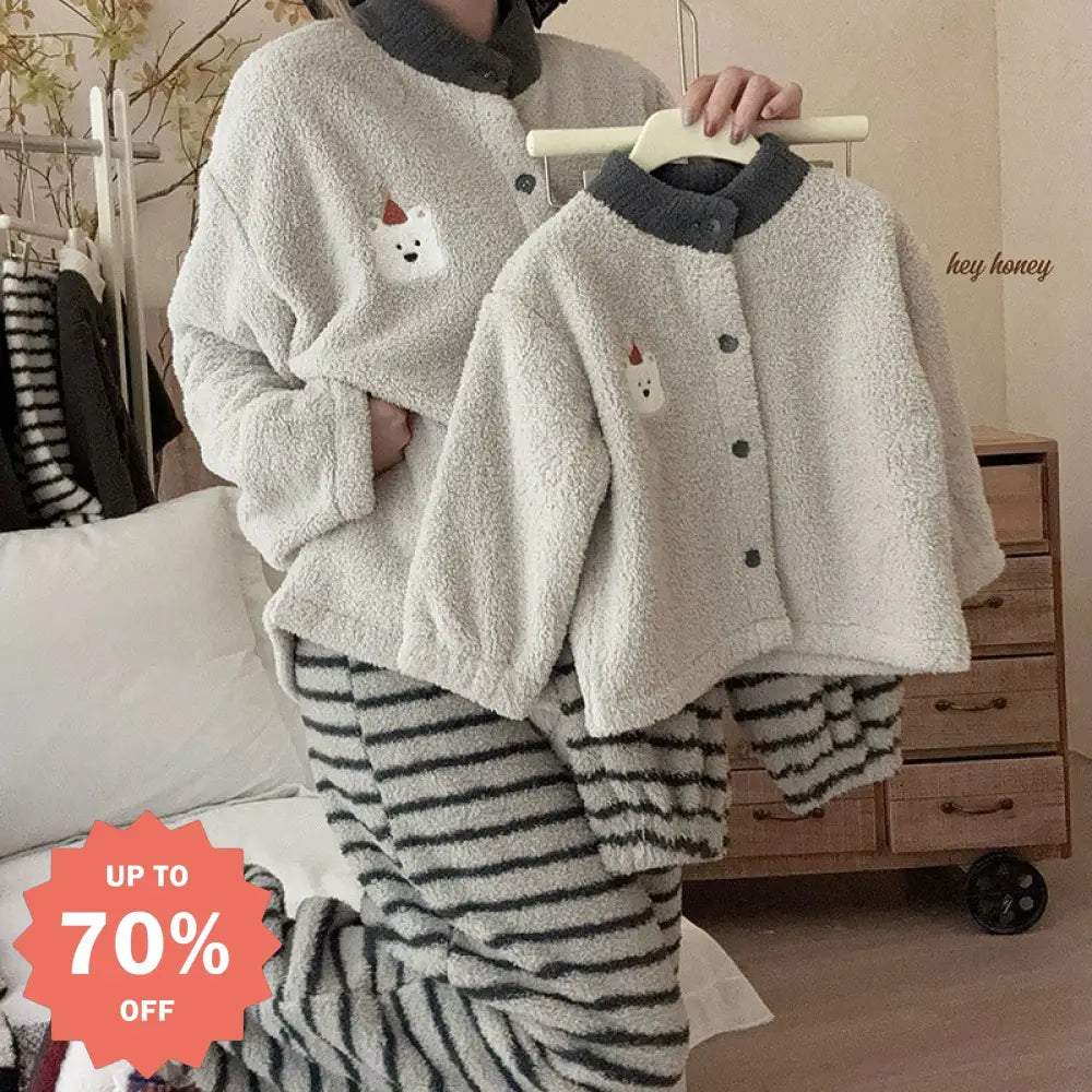 親子セット 秋冬 男女 子供用 フリース カーディガン パジャマ もこもこ 冬用 部屋着 可愛い ID3393 グレー / 90cm