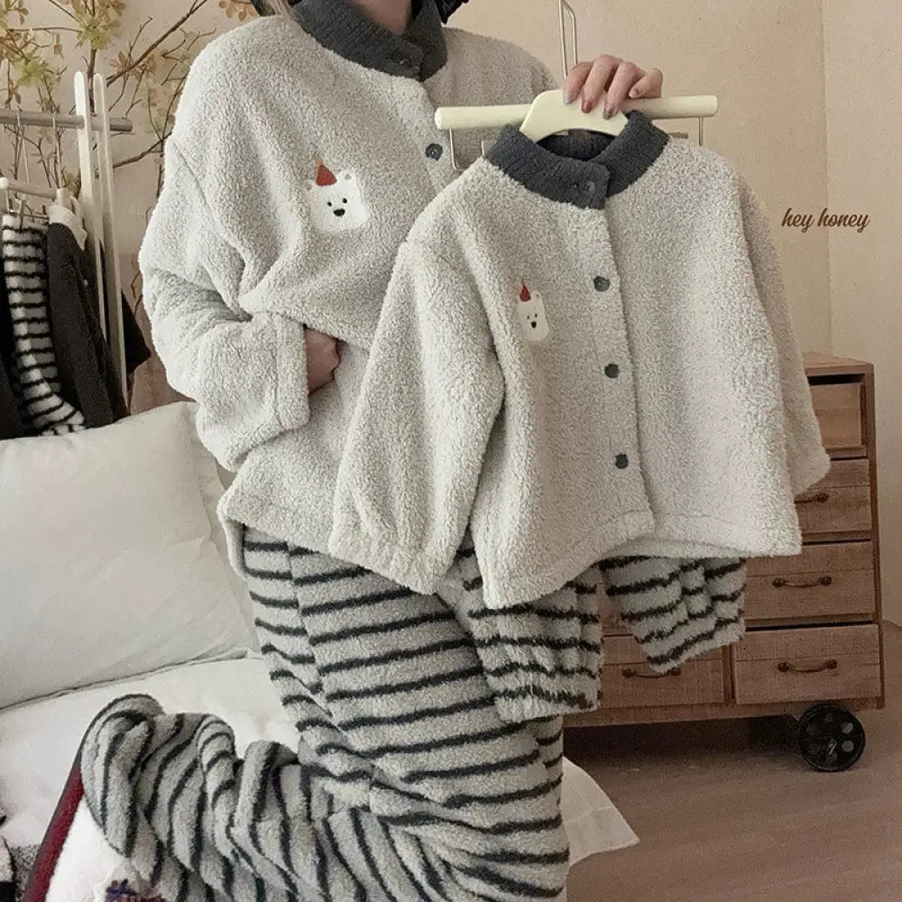 親子セット 秋冬 男女 子供用 フリース カーディガン パジャマ もこもこ 冬用 部屋着 可愛い ID3393 グレー / 90cm