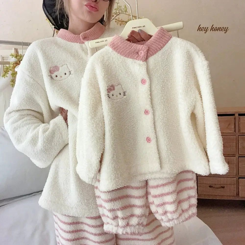 親子セット 秋冬 男女 子供用 フリース カーディガン パジャマ もこもこ 冬用 部屋着 可愛い ID3393 ピンク / 90cm