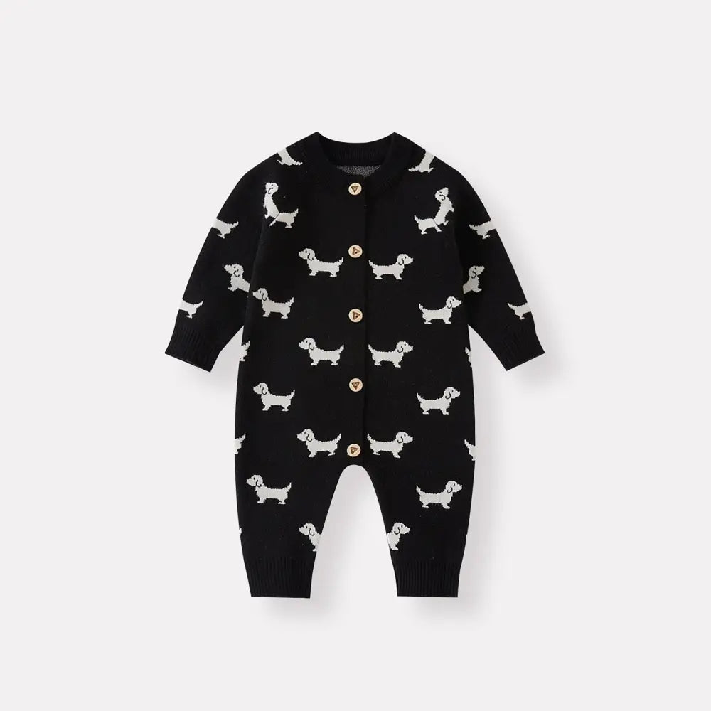 秋の新作 ベビー ニット 小犬 ロンパース ベビーニット オールインワン おしゃれ ロング つかまり立ち服 ID2946 ブラック / 66cm