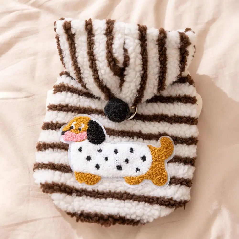 秋冬 ペット服 ストライプ ダックスフンド 牽引可能 フード付き 厚手 保温 2足 フリース ジャケット 子犬用 ドッグウェア ID2537 ブラウン / XS