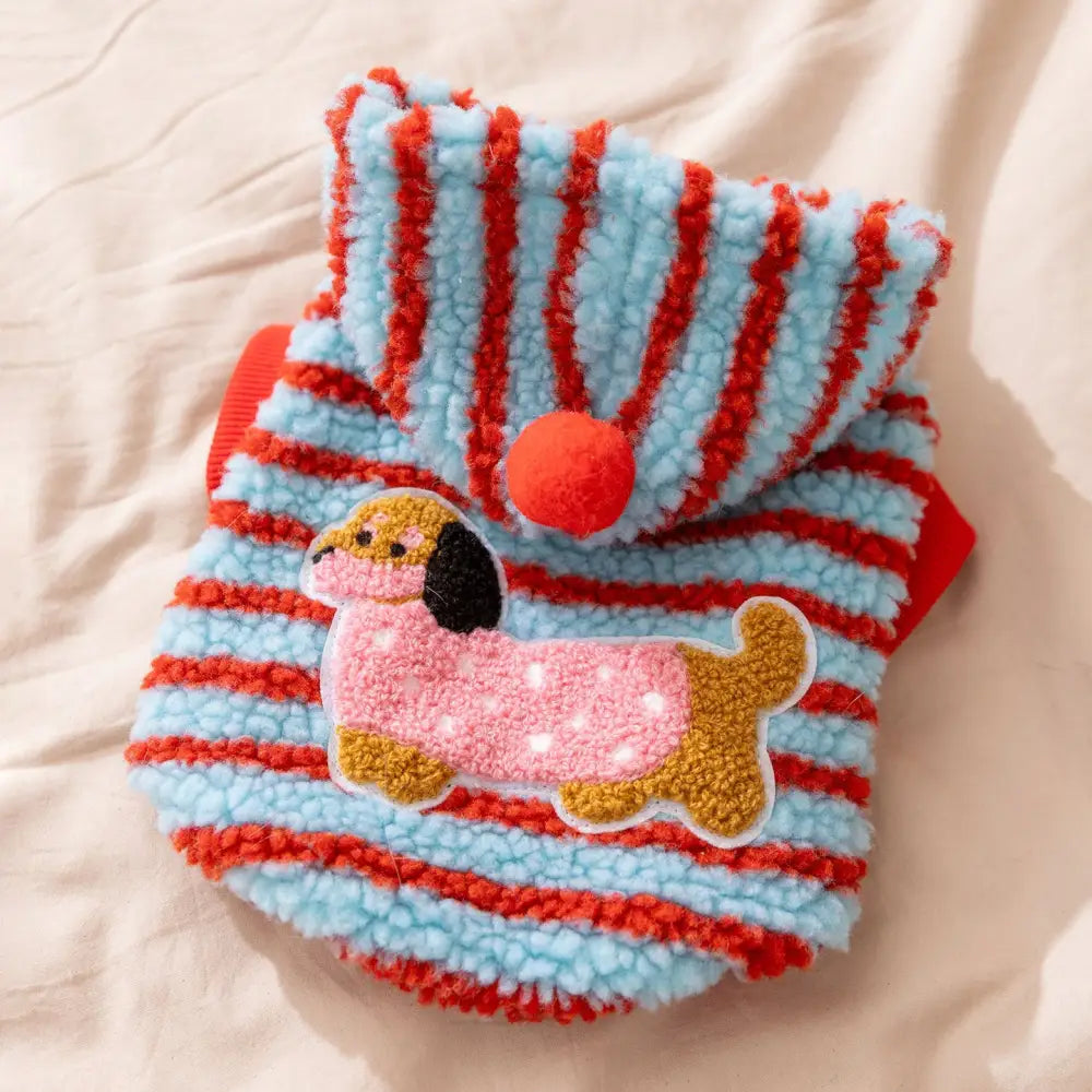 秋冬 ペット服 ストライプ ダックスフンド 牽引可能 フード付き 厚手 保温 2足 フリース ジャケット 子犬用 ドッグウェア ID2537 レッド / XS