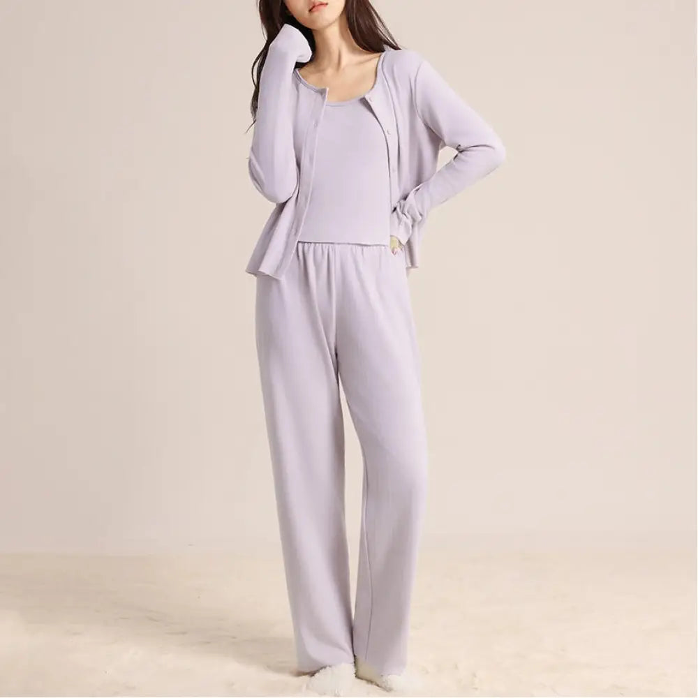 秋冬 薄手フリース 起毛デロン 吊りストラップ 長パンツ ジャケット レディース スリム効果 パジャマ 肌触り良い ルームウェア 三点セット ID2390