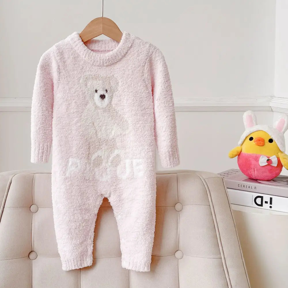 秋冬 保温 新作 かわいい くま ベビー 親子 クロール つなぎ 乳児 服 パジャマ 暖かい 柔らかい 快適 おしゃれ ルームウェア 自宅用 リラックス 着心地 ナチュラル ゆったり ファミリー 新生児 ID2722 ピンク / 73cm
