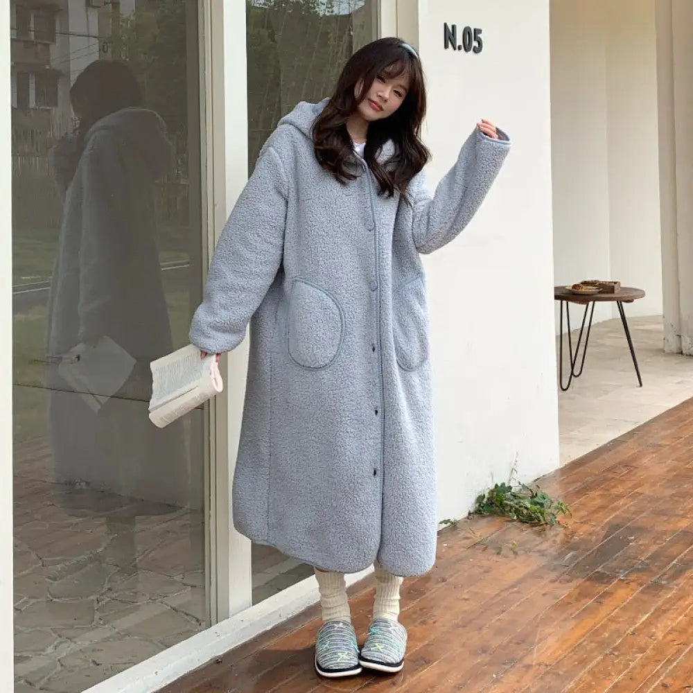 秋冬 フード付き 保温 フリース ローブ ロング丈 膝丈 レディース パジャマ ゆったり 厚手 ルームウェア ID3048 ブルー / フリー