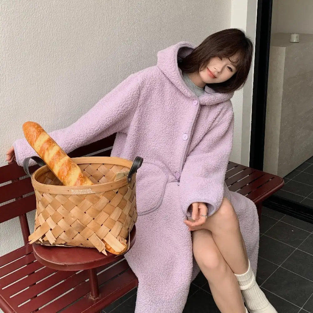 秋冬 フード付き 保温 フリース ローブ ロング丈 膝丈 レディース パジャマ ゆったり 厚手 ルームウェア ID3048 パープル / フリー