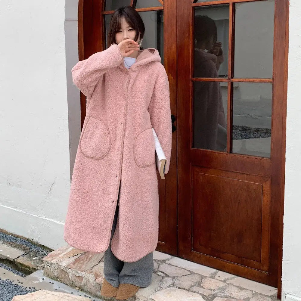 秋冬 フード付き 保温 フリース ローブ ロング丈 膝丈 レディース パジャマ ゆったり 厚手 ルームウェア ID3048 ピンク / フリー