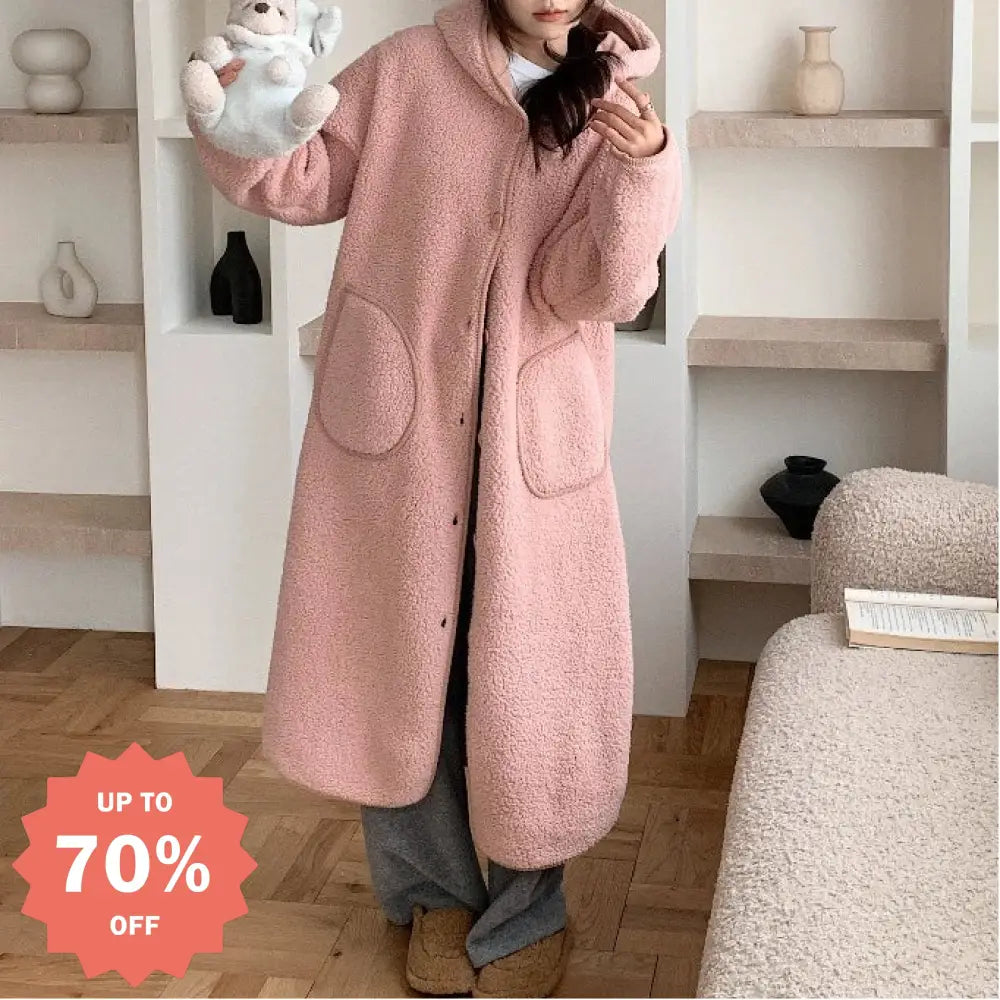秋冬 フード付き 保温 フリース ローブ ロング丈 膝丈 レディース パジャマ ゆったり 厚手 ルームウェア ID3048