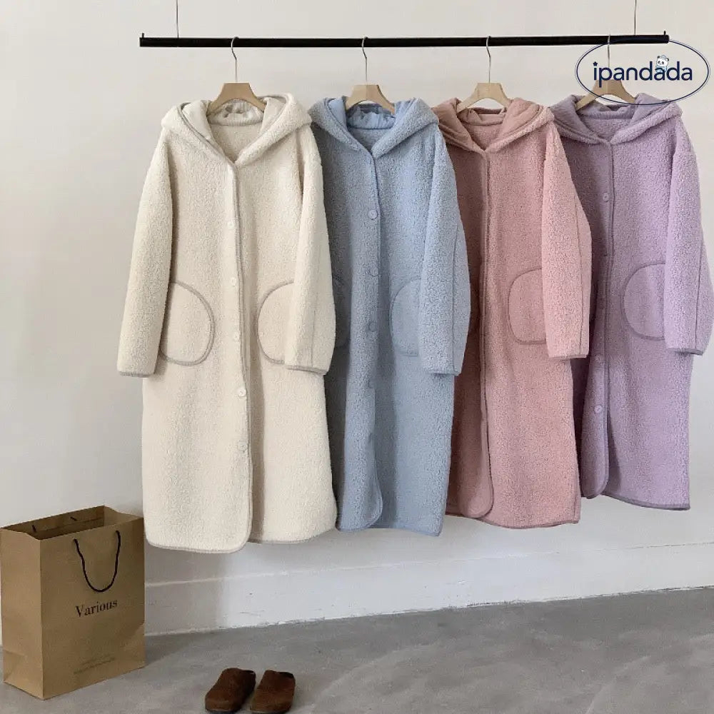 秋冬 フード付き 保温 フリース ローブ ロング丈 膝丈 レディース パジャマ ゆったり 厚手 ルームウェア ID3048