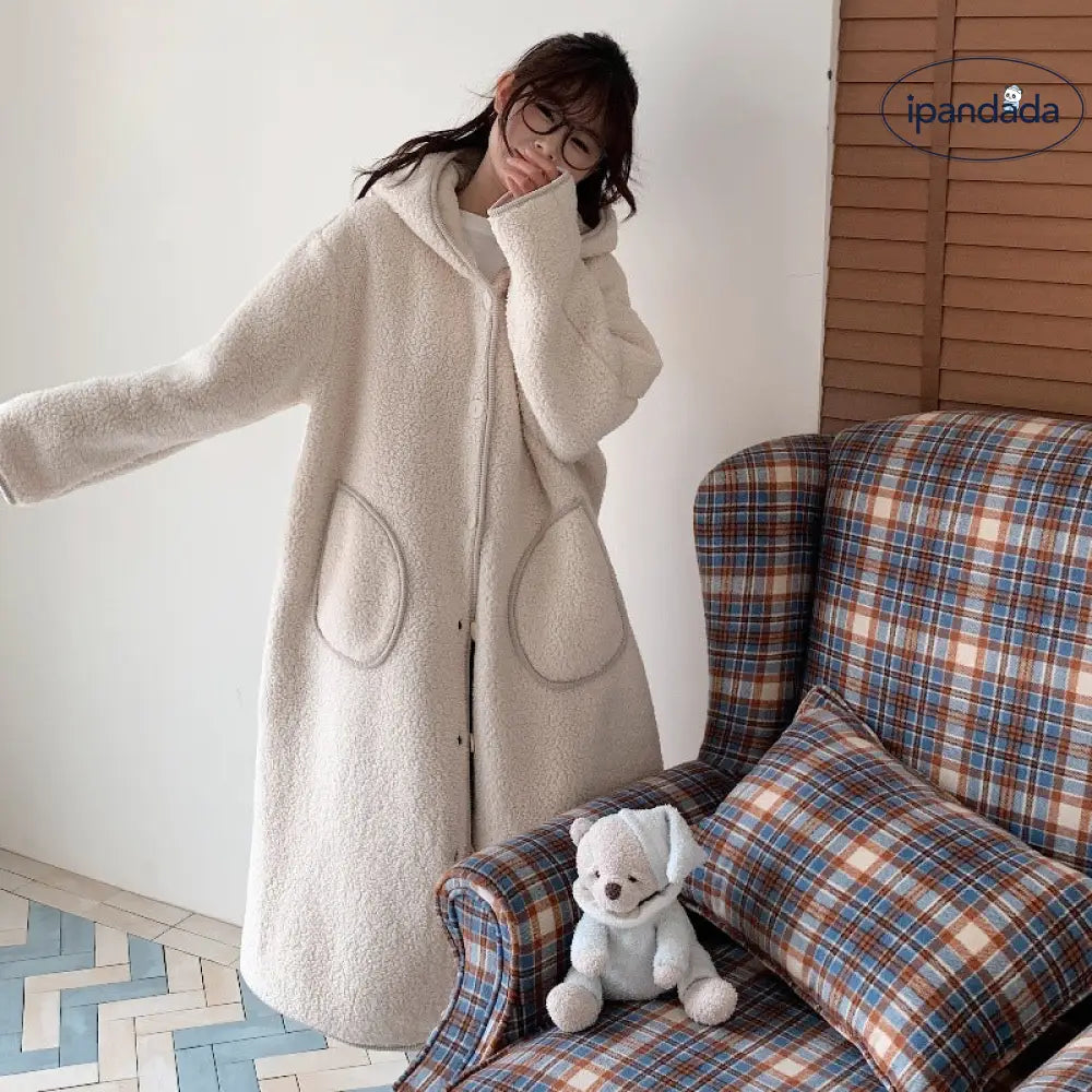 秋冬 フード付き 保温 フリース ローブ ロング丈 膝丈 レディース パジャマ ゆったり 厚手 ルームウェア ID3048