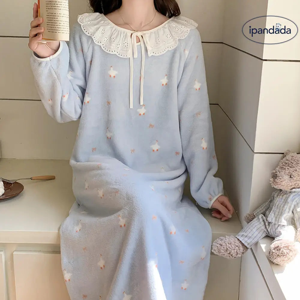 秋冬 フランネル パジャマ レディース かわいい クマ プリント サンゴ 保温 フリース ナイトガウン ルームウェア ID2672