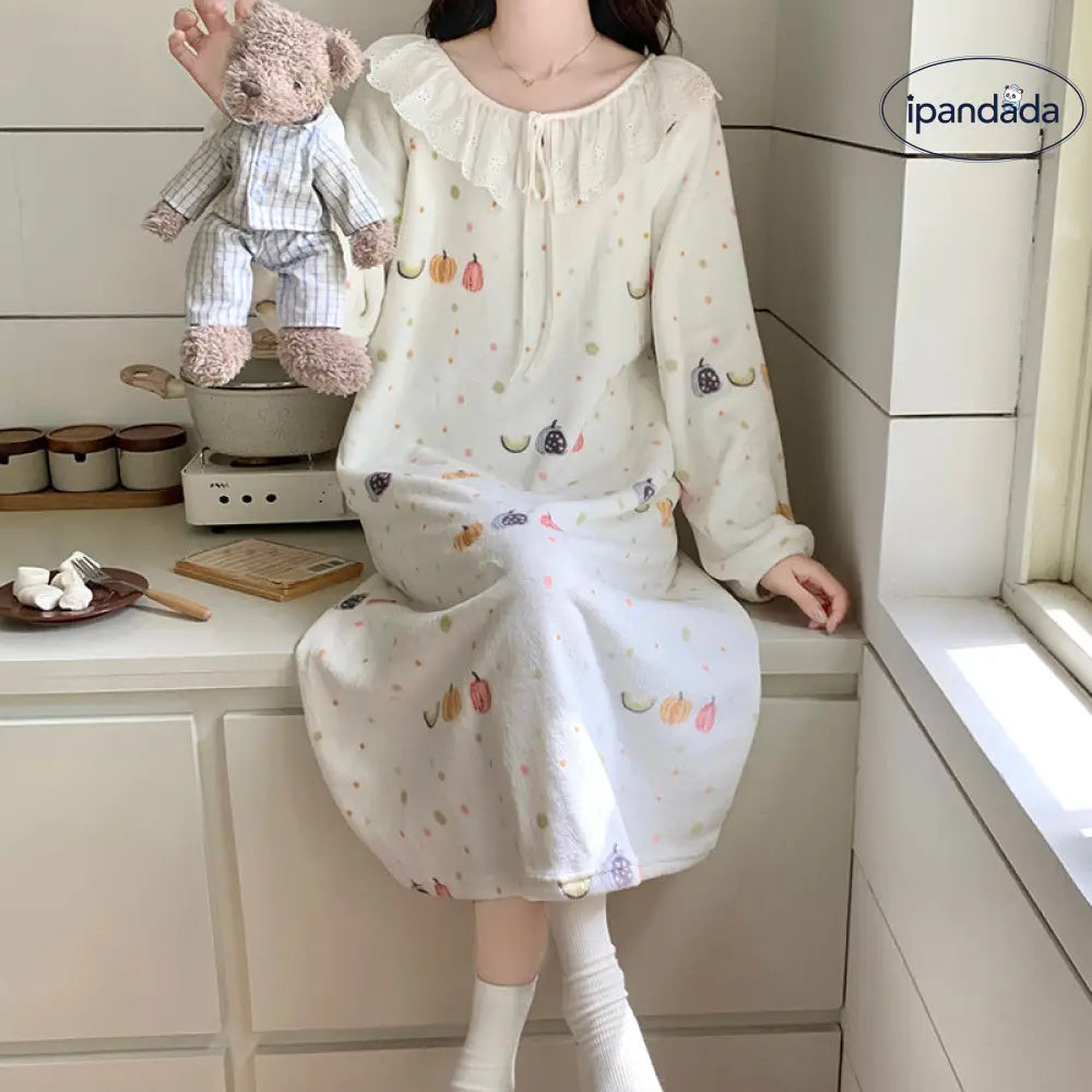 秋冬 フランネル パジャマ レディース かわいい クマ プリント サンゴ 保温 フリース ナイトガウン ルームウェア ID2672