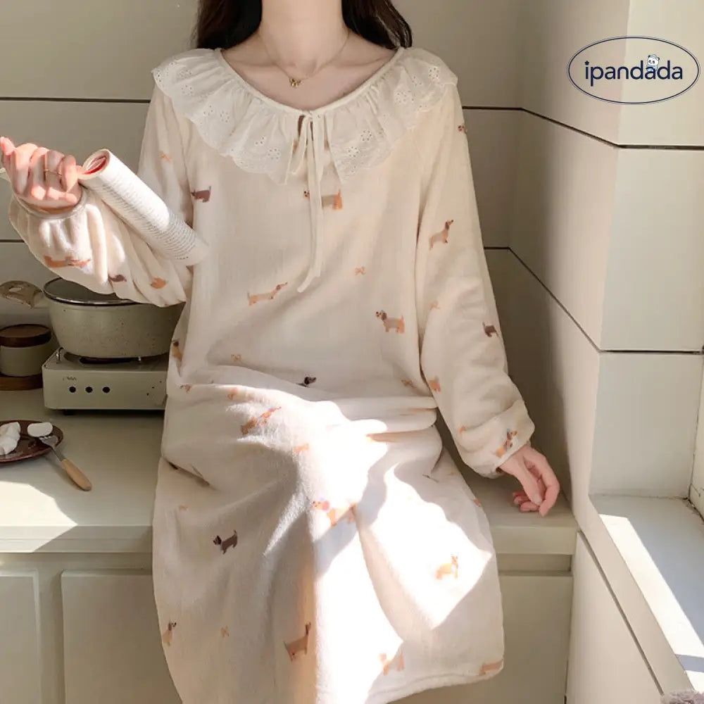 秋冬 フランネル パジャマ レディース かわいい クマ プリント サンゴ 保温 フリース ナイトガウン ルームウェア ID2672