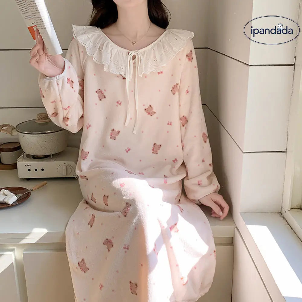 秋冬 フランネル パジャマ レディース かわいい クマ プリント サンゴ 保温 フリース ナイトガウン ルームウェア ID2672
