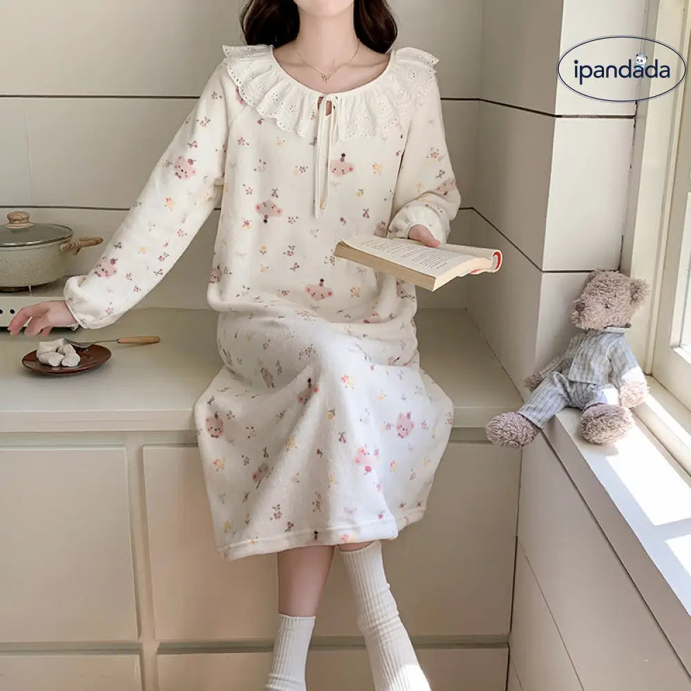 秋冬 フランネル パジャマ レディース かわいい クマ プリント サンゴ 保温 フリース ナイトガウン ルームウェア ID2672
