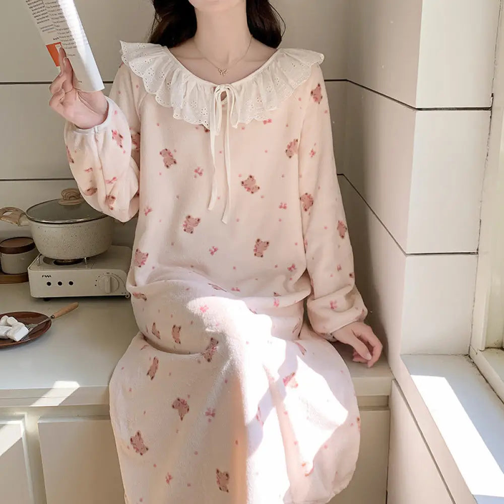 秋冬 フランネル パジャマ レディース かわいい クマ プリント サンゴ 保温 フリース ナイトガウン ルームウェア ID2672 タイプ③ / M