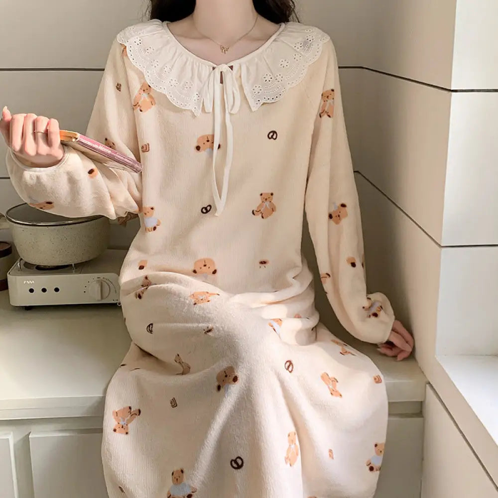 秋冬 フランネル パジャマ レディース かわいい クマ プリント サンゴ 保温 フリース ナイトガウン ルームウェア ID2672 タイプ② / M