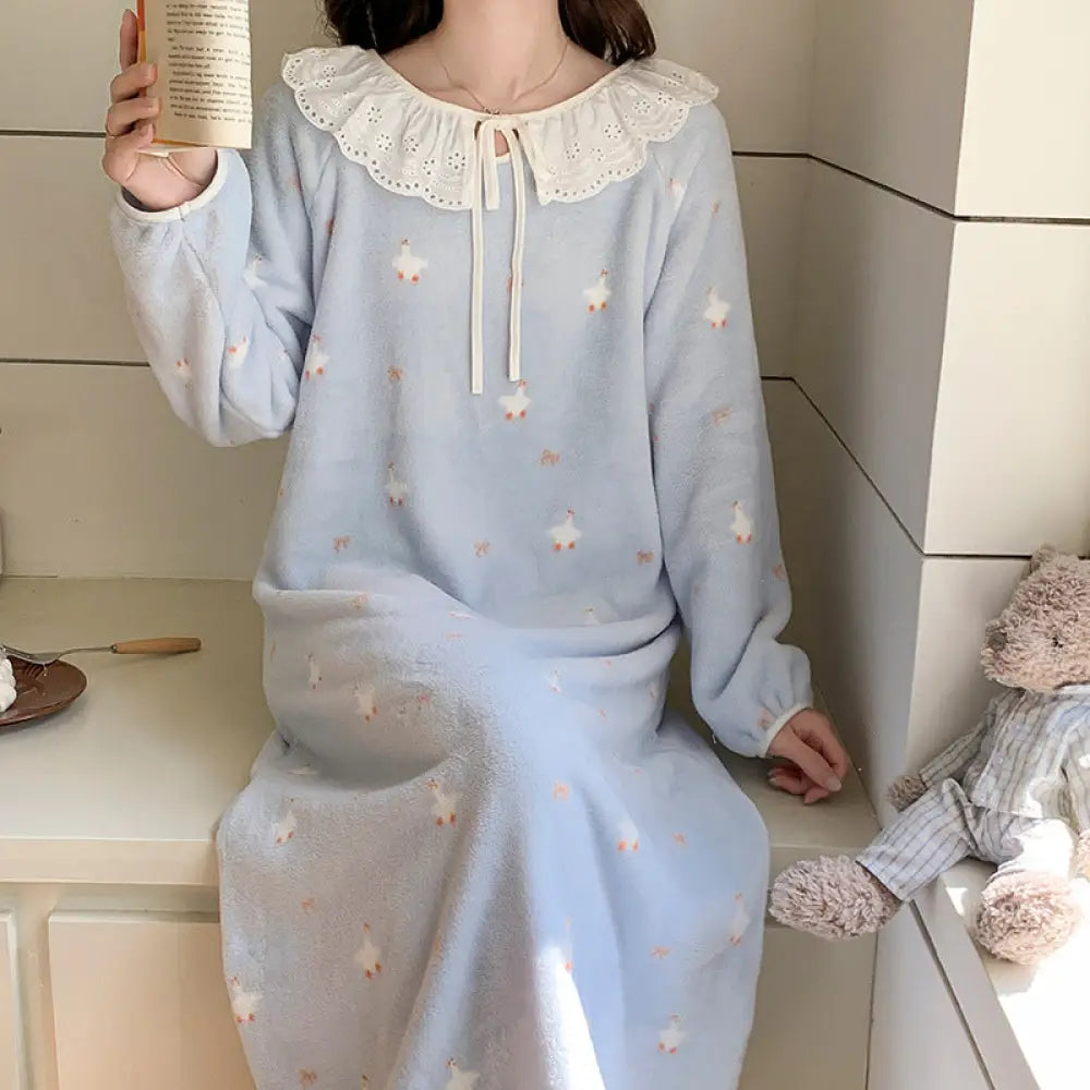 秋冬 フランネル パジャマ レディース かわいい クマ プリント サンゴ 保温 フリース ナイトガウン ルームウェア ID2672 タイプ⑤ / M