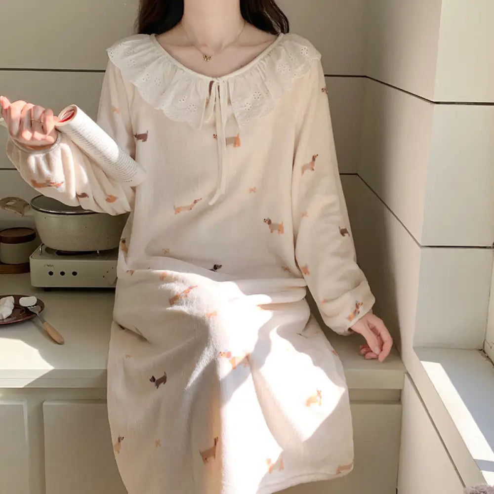 秋冬 フランネル パジャマ レディース かわいい クマ プリント サンゴ 保温 フリース ナイトガウン ルームウェア ID2672 タイプ④ / M