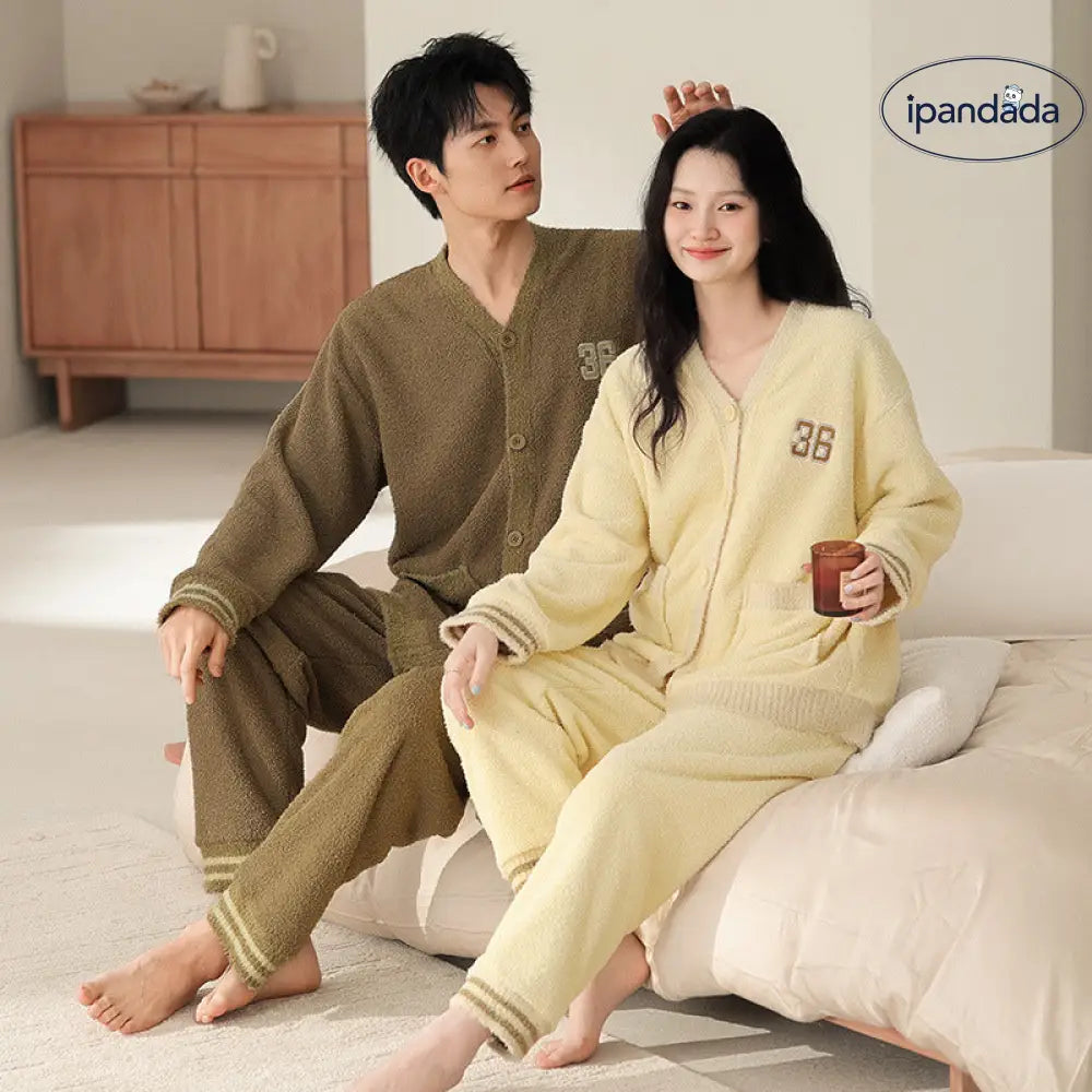 秋冬 フリース カーディガン 襟付き カップル パジャマ 保温 加フリース リラックス ワイド ルームウェア セット ID2932