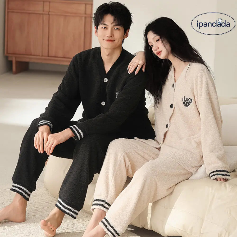 秋冬 フリース カーディガン 襟付き カップル パジャマ 保温 加フリース リラックス ワイド ルームウェア セット ID2932