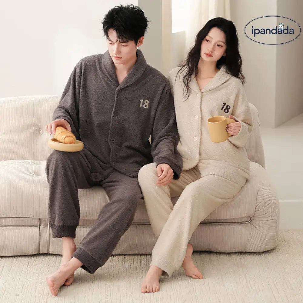 秋冬 フリース カーディガン 襟付き カップル パジャマ 保温 加フリース リラックス ワイド ルームウェア セット ID2932