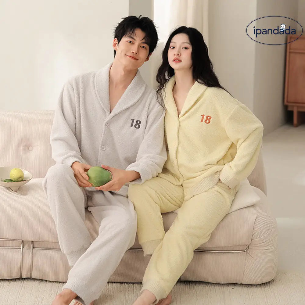 秋冬 フリース カーディガン 襟付き カップル パジャマ 保温 加フリース リラックス ワイド ルームウェア セット ID2932