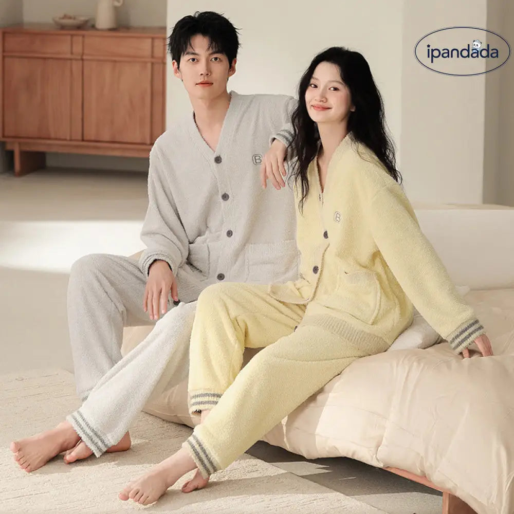 秋冬 フリース カーディガン 襟付き カップル パジャマ 保温 加フリース リラックス ワイド ルームウェア セット ID2932