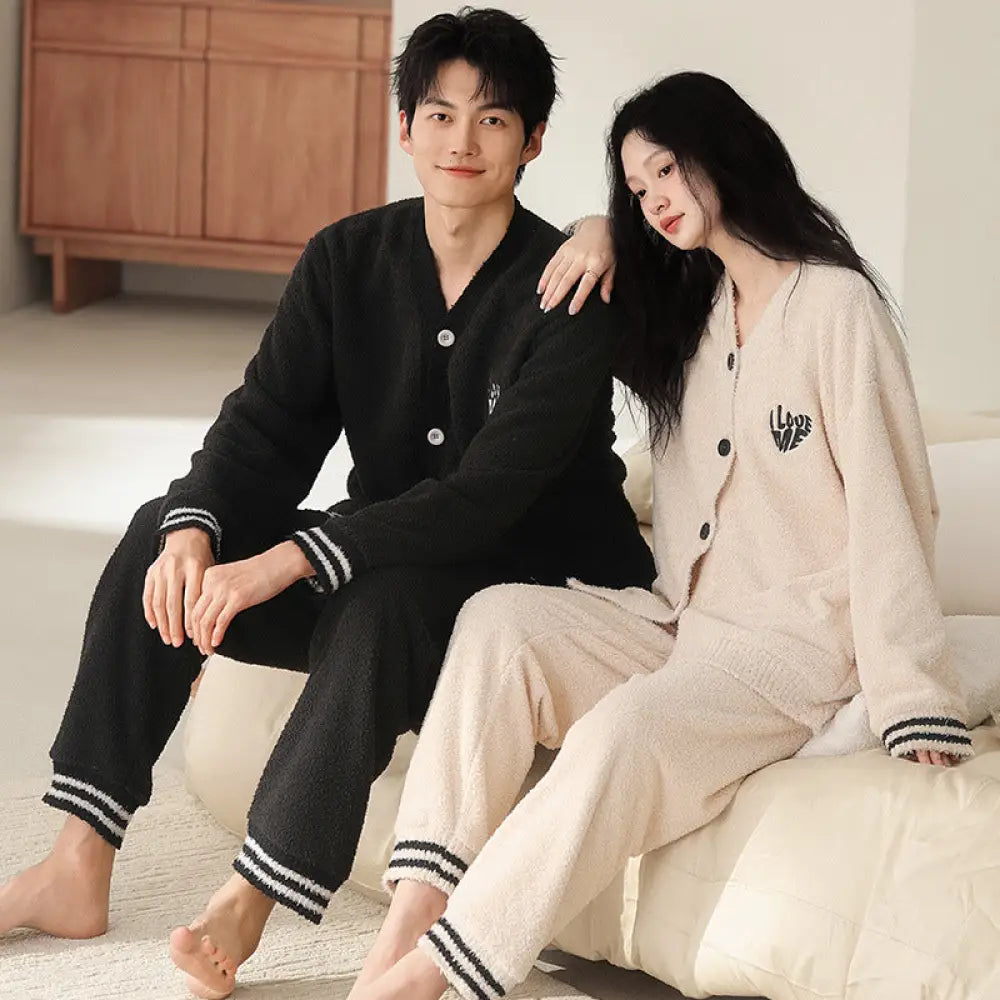 秋冬 フリース カーディガン 襟付き カップル パジャマ 保温 加フリース リラックス ワイド ルームウェア セット ID2932 タイプ⑤ / レディースＭ