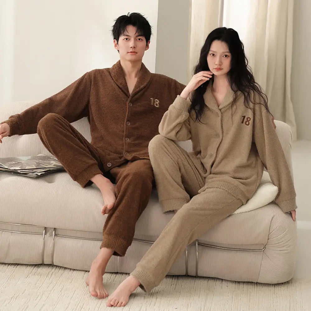 秋冬 フリース カーディガン 襟付き カップル パジャマ 保温 加フリース リラックス ワイド ルームウェア セット ID2932 タイプ② / レディースＭ