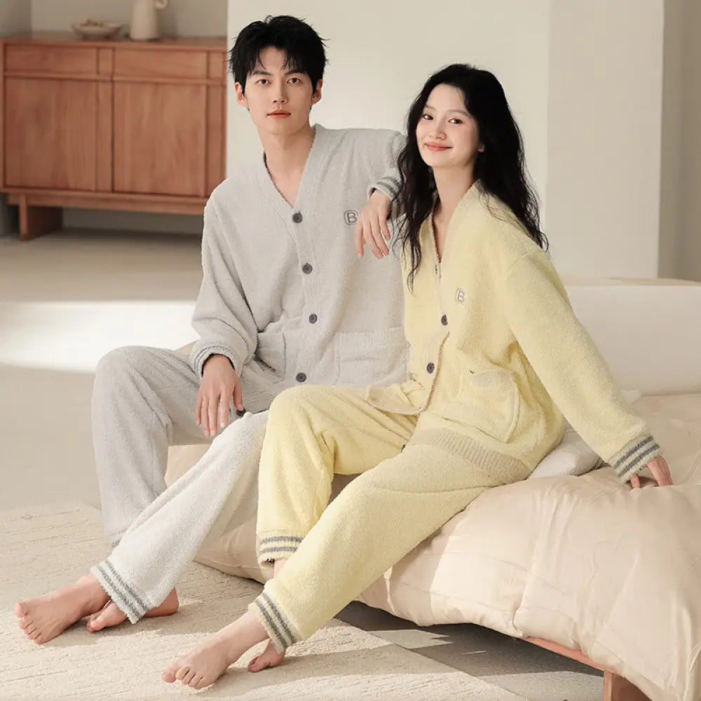 秋冬 フリース カーディガン 襟付き カップル パジャマ 保温 加フリース リラックス ワイド ルームウェア セット ID2932 タイプ⑦ / レディースＭ