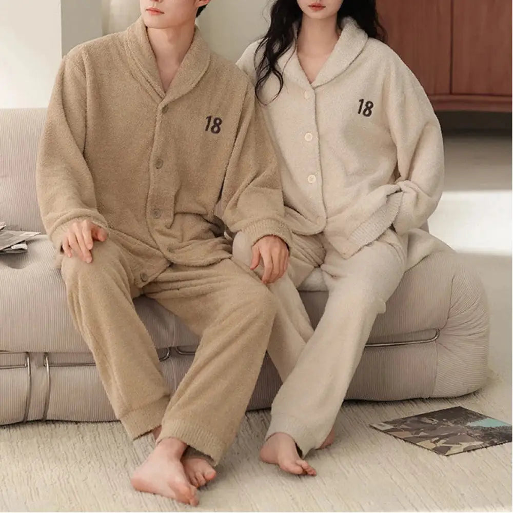 秋冬 フリース カーディガン 襟付き カップル パジャマ 保温 加フリース リラックス ワイド ルームウェア セット ID2932 タイプ① / レディースＭ