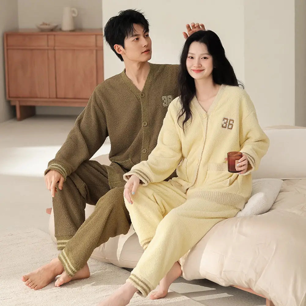 秋冬 フリース カーディガン 襟付き カップル パジャマ 保温 加フリース リラックス ワイド ルームウェア セット ID2932 タイプ⑥ / レディースＭ