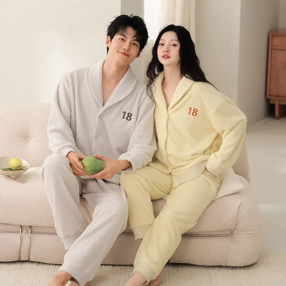 秋冬 フリース カーディガン 襟付き カップル パジャマ 保温 加フリース リラックス ワイド ルームウェア セット ID2932 タイプ④ / レディースＭ
