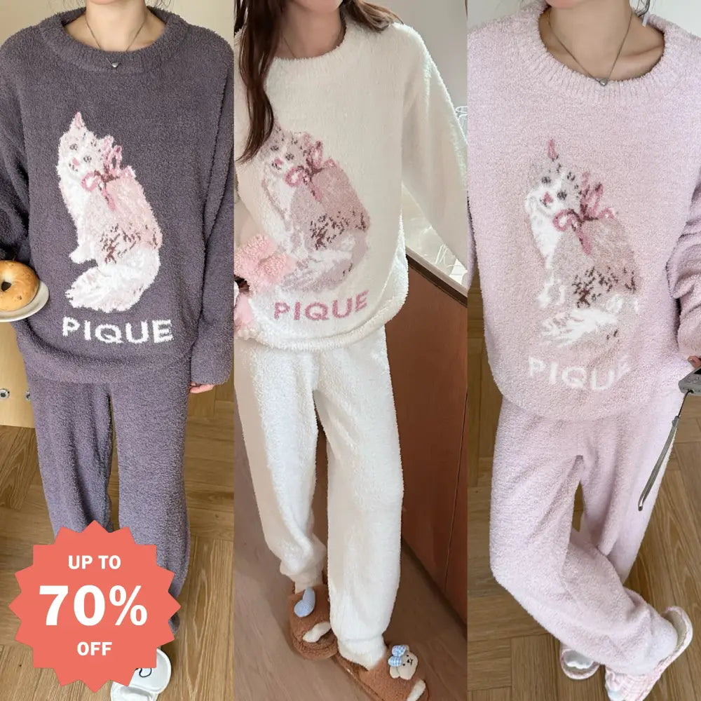秋冬 ふわふわ フリース かわいい 猫 厚手 保温 長袖 パンツ パジャマ ホームウェア 外出可 暖かい 柔らかい 快適 おしゃれ ルームウェア 自宅用 リラックス 着心地 ナチュラル ゆったり ペット 癒し グッズ ID2551