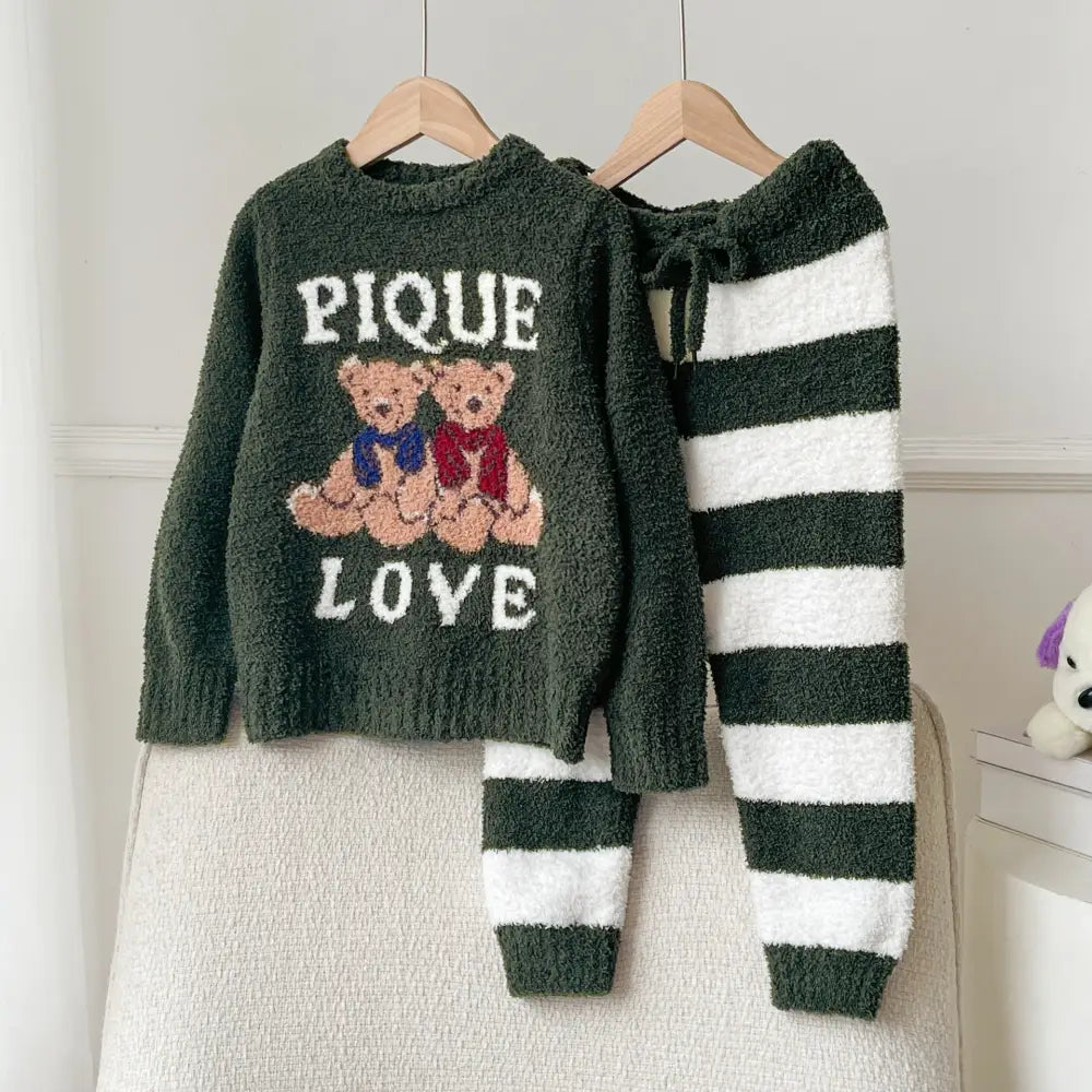秋冬 ふわふわ 半フリース 子供 カートゥーン ビションフリーゼ ルームウェア パジャマ セット ID2990 グリーン / XS