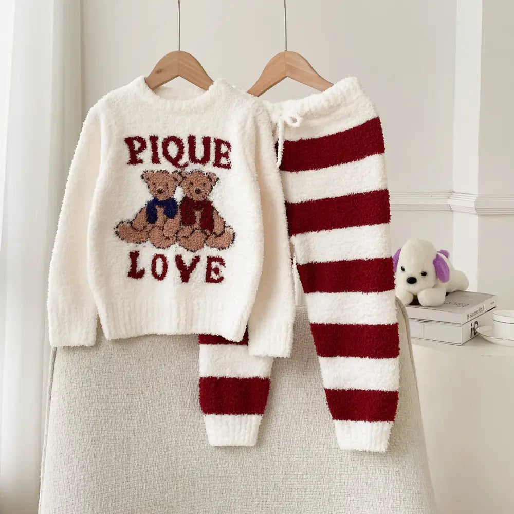秋冬 ふわふわ 半フリース 子供 カートゥーン ビションフリーゼ ルームウェア パジャマ セット ID2990 ホワイト / XS