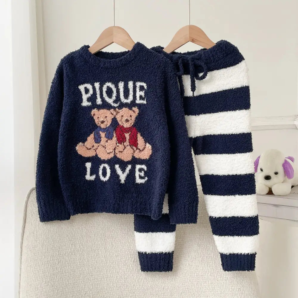 秋冬 ふわふわ 半フリース 子供 カートゥーン ビションフリーゼ ルームウェア パジャマ セット ID2990 ネイビー / XS