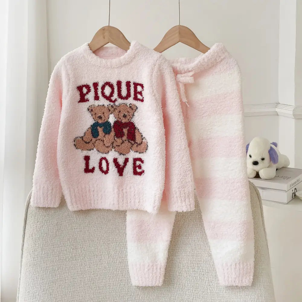 秋冬 ふわふわ 半フリース 子供 カートゥーン ビションフリーゼ ルームウェア パジャマ セット ID2990 ピンク / XS