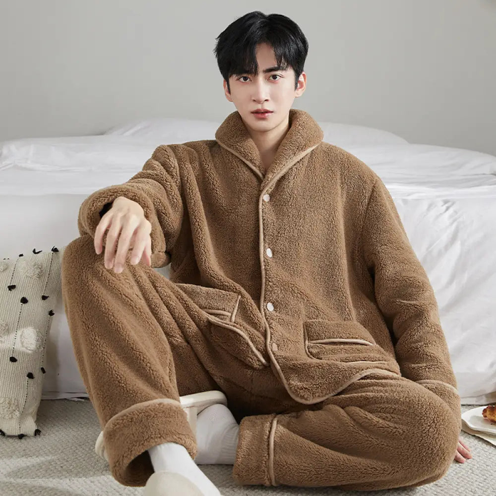秋冬 ふわふわ コーラルフリース フランネル 男性 パジャマセット 厚手 保温 ID3092 ブラウン / L