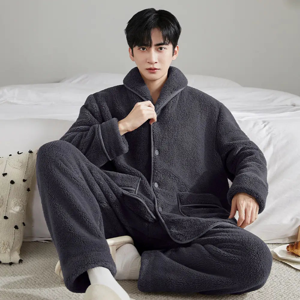 秋冬 ふわふわ コーラルフリース フランネル 男性 パジャマセット 厚手 保温 ID3092 ダークグレー / L